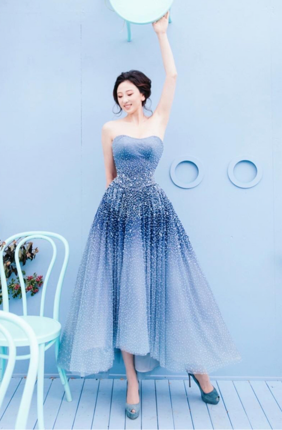 gradient blue crystals sequins beaded tea length prom dress