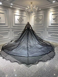 Unique black sparkling glitter ball gown wedding prom dress with black tulle cape cloak 2024