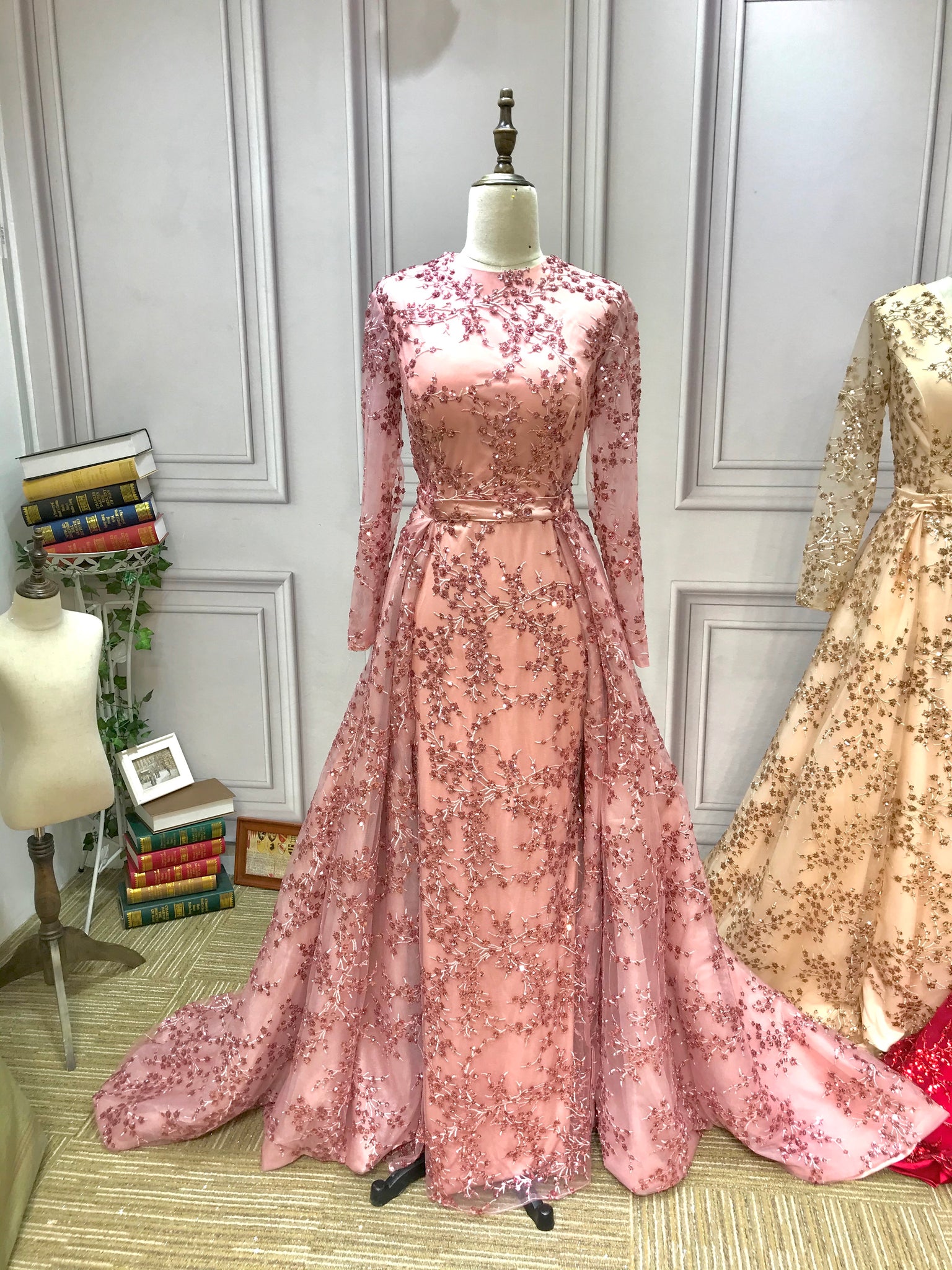 Dusty pink long sleeves sparkling sequins fabric muslim formal graduat Anna's Couture Dresses Dusty pink long sleeves sparkling sequins fabric muslim formal graduat Anna's Couture Dresses