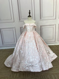 Off shoulder baby pink lace puffy flower girl dresses 2020