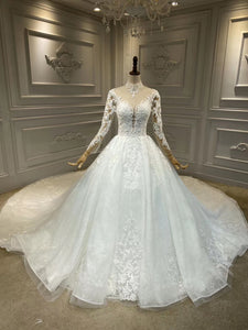 Long sleeves lace appliques ivory wedding dress with choker 