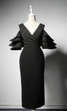 Modern vintage V neck tea length little black modern chic prom party dress with ruffles sleeves