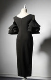 Modern vintage V neck tea length little black modern chic prom party dress with ruffles sleeves