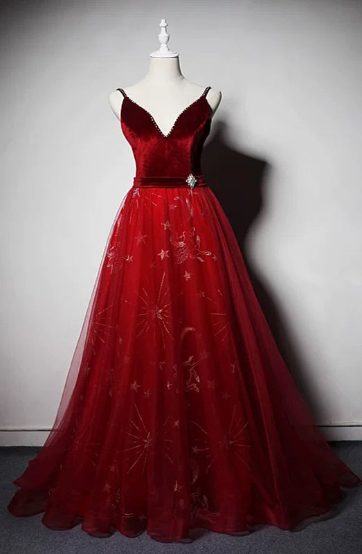 Sexy modern spaghetti velvet bodice puffy skirt red and blue tulle prom dress 2020