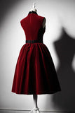 Modern style red velvet tea length prom cocktail dress 2020