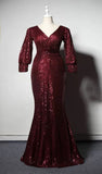 Sexy sparking black dark red  long sleeves sequins mermaid slit prom dress 2020