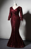 Sexy sparking black dark red  long sleeves sequins mermaid slit prom dress 2020