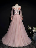 Fairytale long sleeves a line dusty pink  tulle prom maxi dress muslim fashion 2020