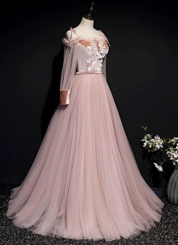 Dusty pink long sleeves fairytale maxi prom dress 