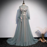 Fairytale long sleeves a line gray pink and dusty green tulle prom maxi dress muslim fashion 2020