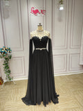 Muslim girls best long cape sleeves black chiffon prom dresses sliver rhinestones beaded - Anna's Couture Dresses