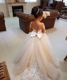 Adorable lace appliques little flower girls dress with ivory champagne dusty pink color