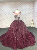 Sliver crystals beaded dark red ball skirt prom quinceanera dresses 2020 - Anna's Couture Dresses