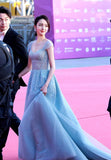 Cap sleeves crystals handmade beaded dusty blue prom dress on the red carpet